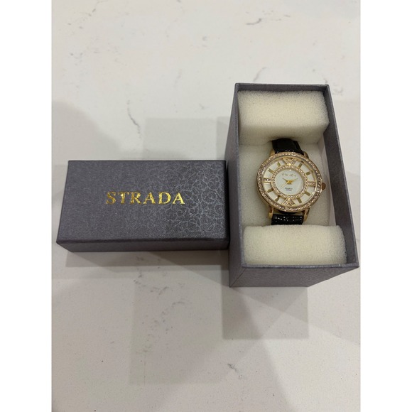 Strada Accessories - Strada Womens Gold Tone Crystal Accent Quartz Watch Black Leather Strap Boxed